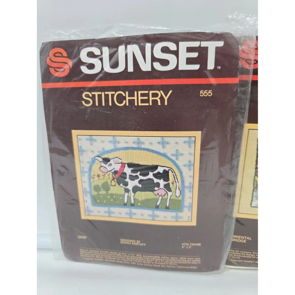 Vintage Sunset Stitchery Needlepoint Kits Lot of 2 Cow Oriental Bridge Sealed
